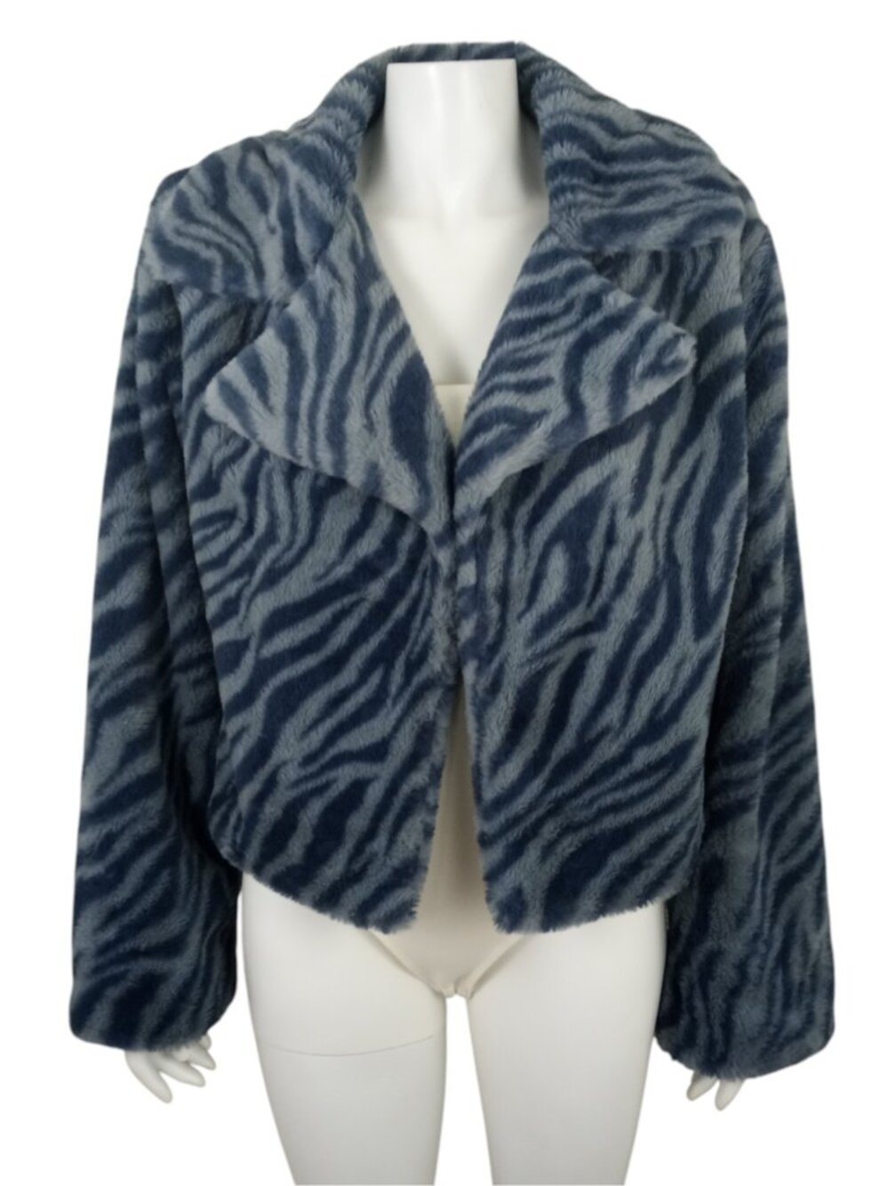 HYFVE Zebra Print Faux Fur Jacket sz Large Navy Gray Soft Plush Long Sleeve